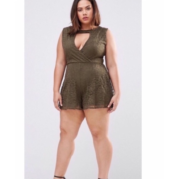 Boohoo Plus Pants - Boohoo Olive Sleeveless Lace Keyhole Front Romper